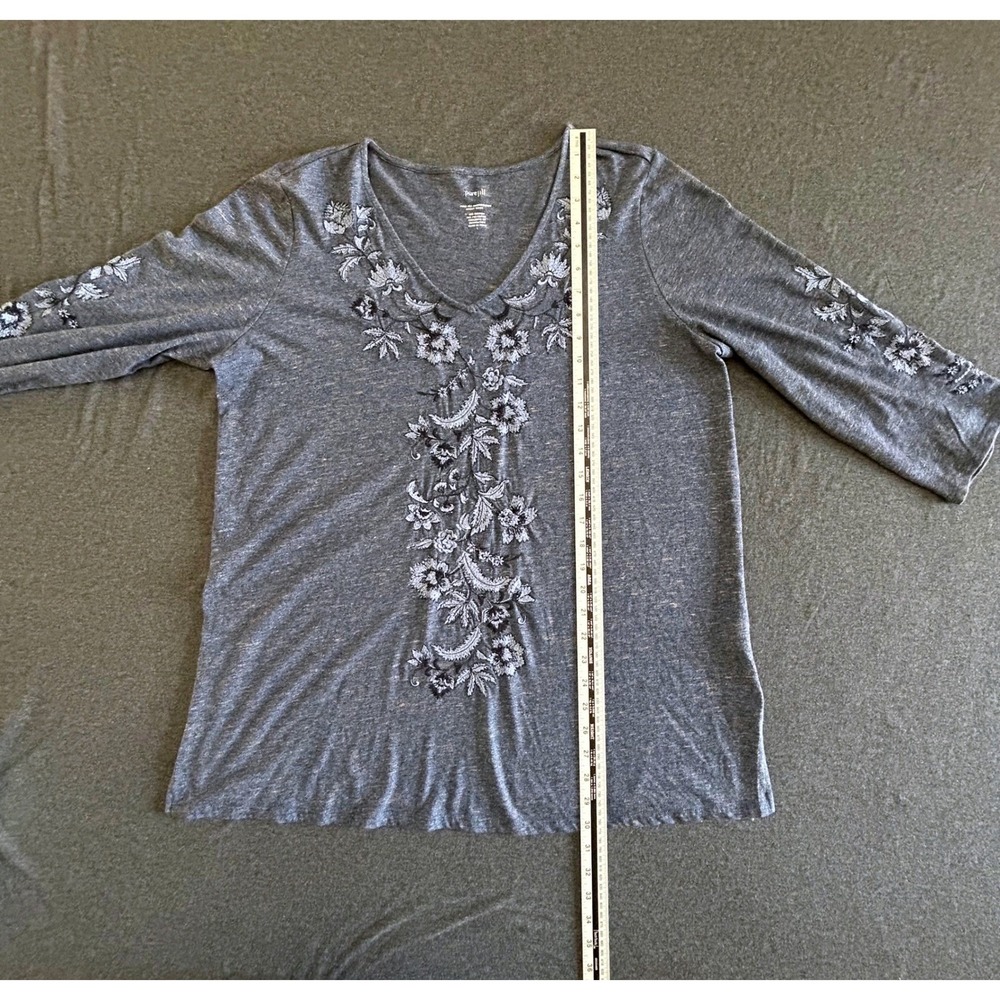 Pure J Jill Embroidered Jersey Tunic Top Large Blue 3/4 Sleeve Boho Soft - Picture 9 of 11
